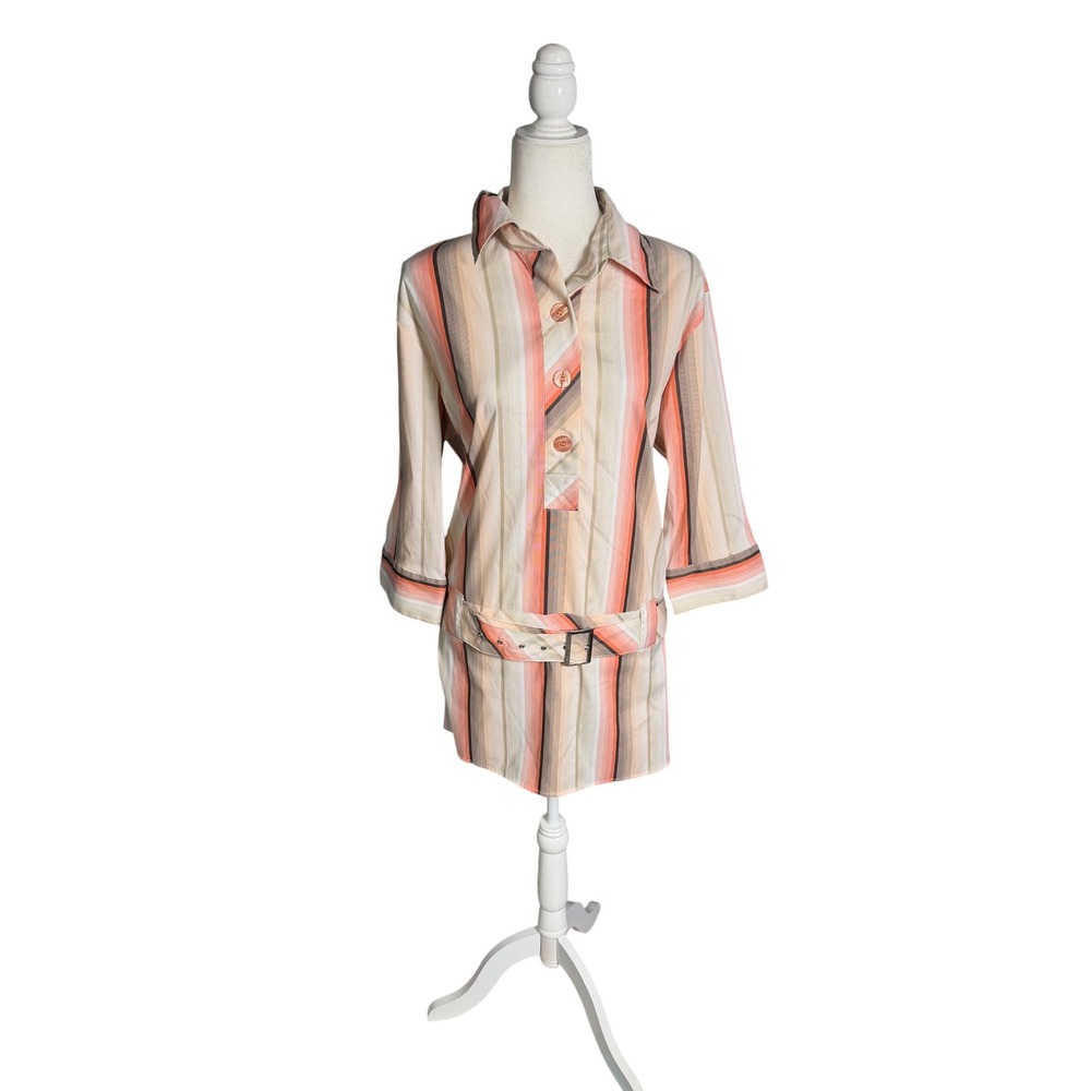 Y2K Ashley Stewart Striped Tunic Blouse Belted Plus Size 16W Career Casual Top